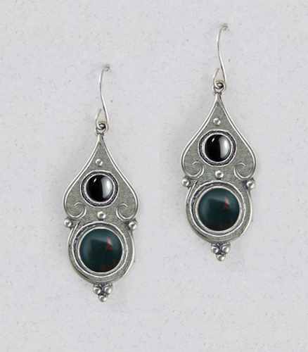 Sterling Silver Gothic Look With Bloodstone And Hematite Gemstone Drop Dangle Earrings